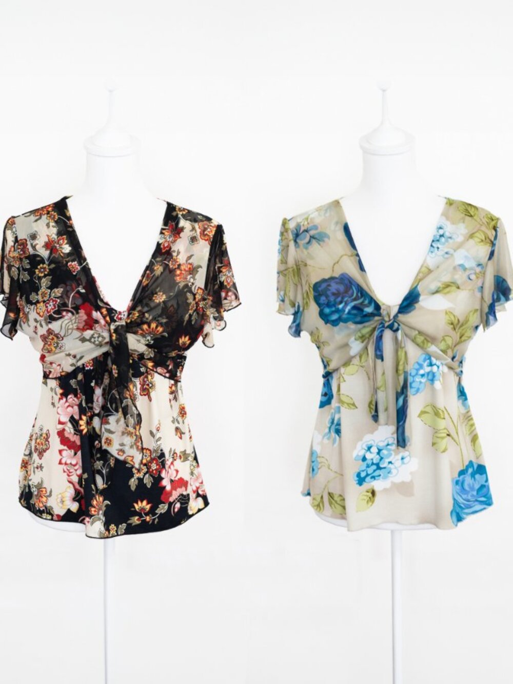 2 Bay Studio Career Floral Blouse L Tie Front Flutter Stretch Office USA-made